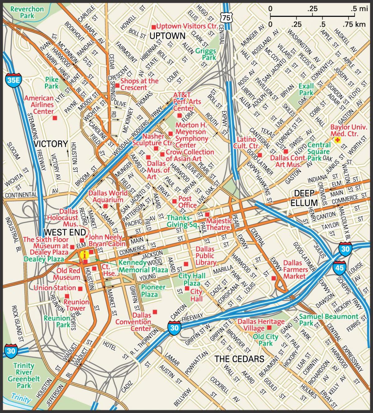 kaart downtown Dallas tänavatel